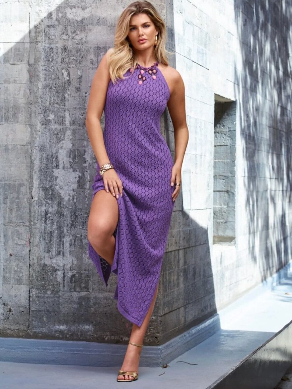 Boston Proper Multi Color Crystal Trim Crochet Sleeveless Halter Dress Purple, M